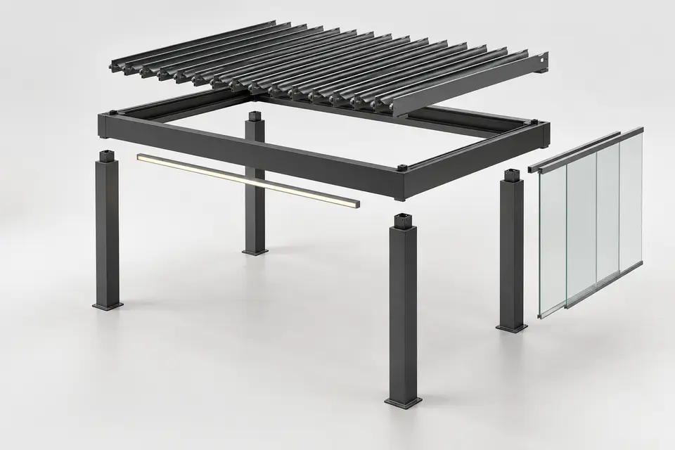 Conceptual exploded view of a pergola frame, louvers, posts, glass enclosure and lighting strip