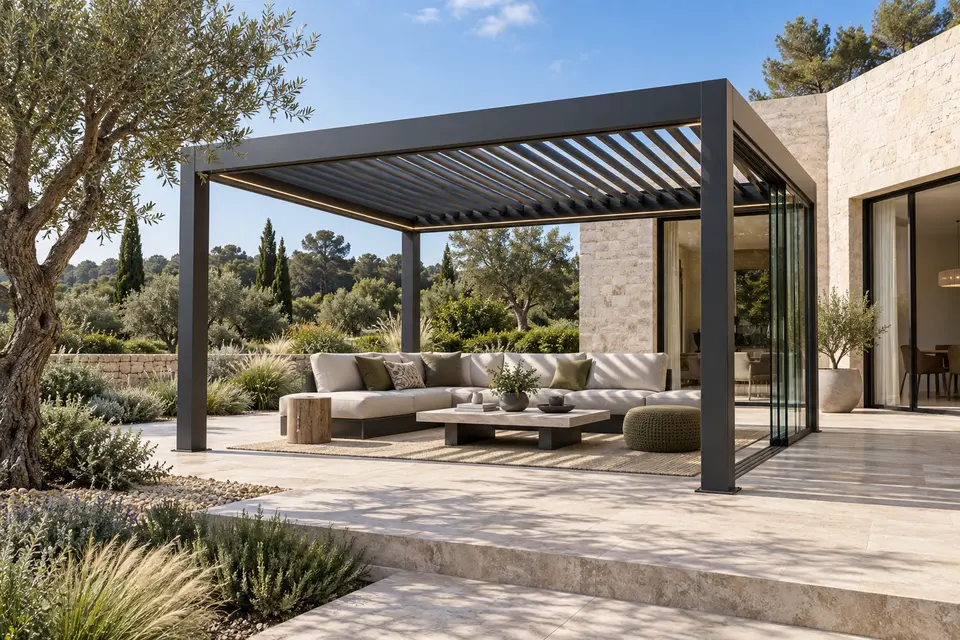 Concept render of a charcoal louvered pergola with sliding glass on a sunny garden terrace