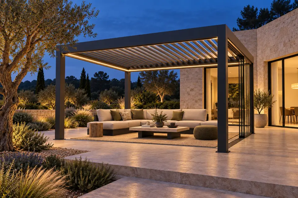 The same garden pergola at blue hour with warm integrated roof lighting