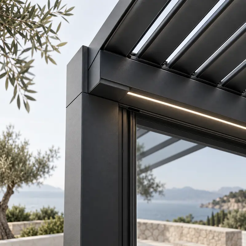 Close-up render of an anthracite post, beam and louvers with an integrated LED strip