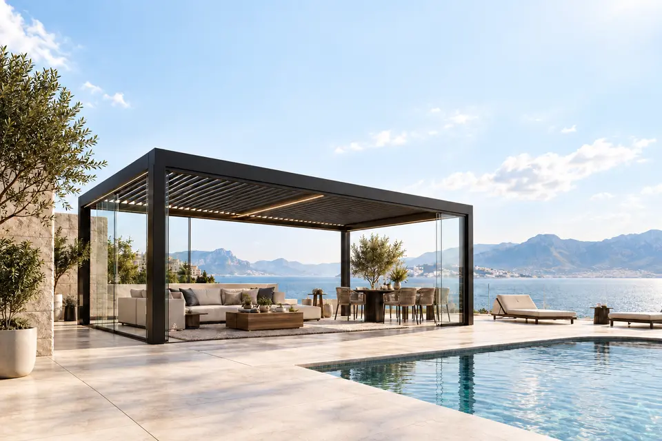 Concept render of an anthracite louvered pergola with sliding glass beside a pool terrace