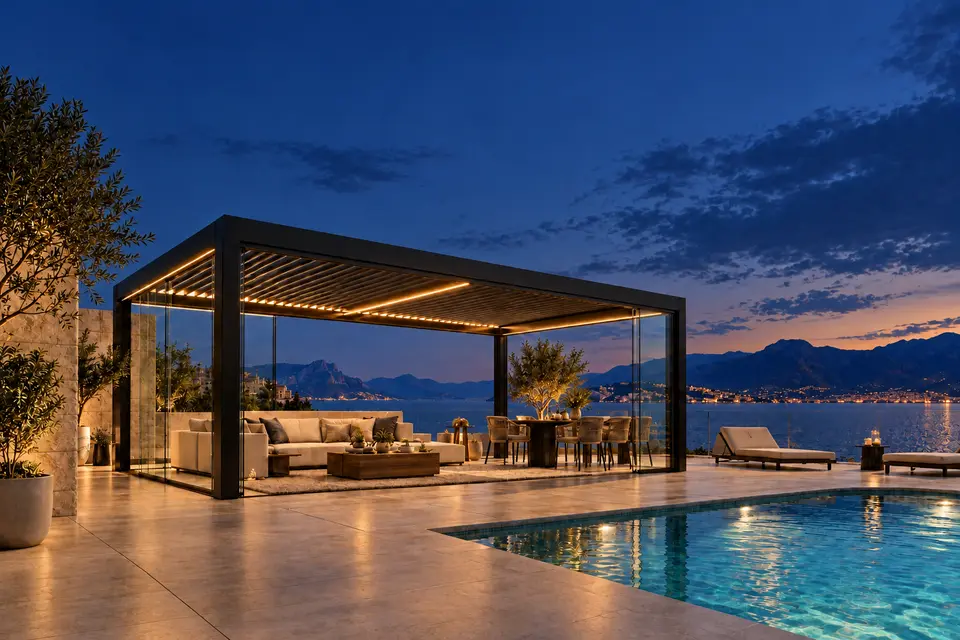 Concept render of the pergola at dusk with warm LED lighting under the louvers